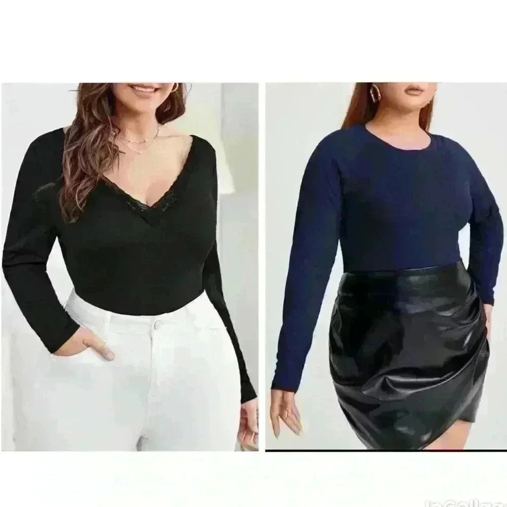 Shein Plus Size Tops Lace Trim Ribbed Knit Tee and Solid Raglan Sleeve Tee (416)